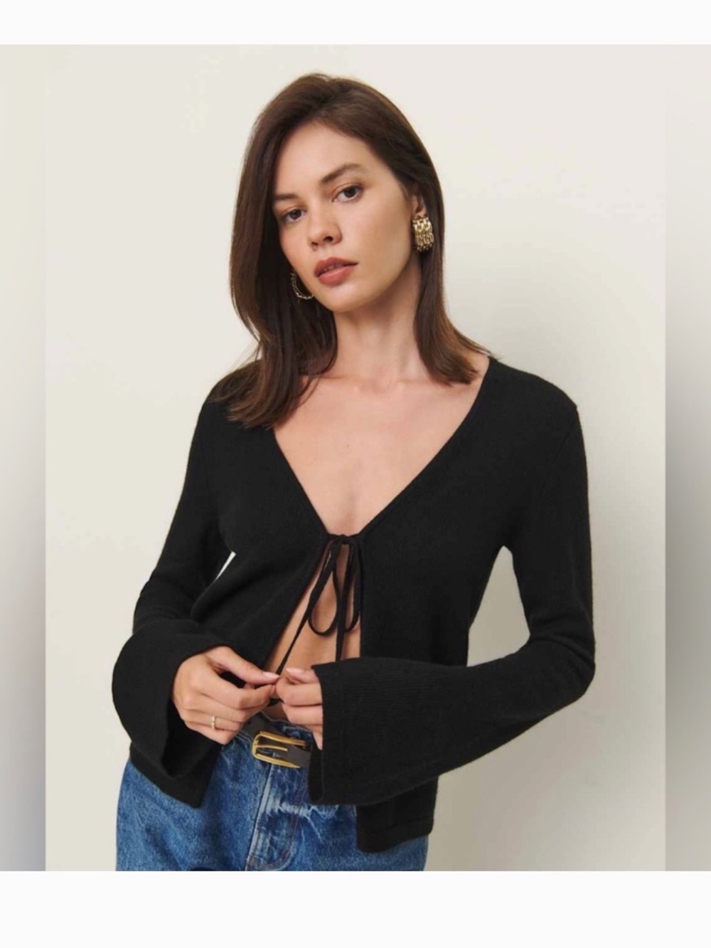 Reformation Cassia Black Tie Front Cardigan Sweater (Size S)